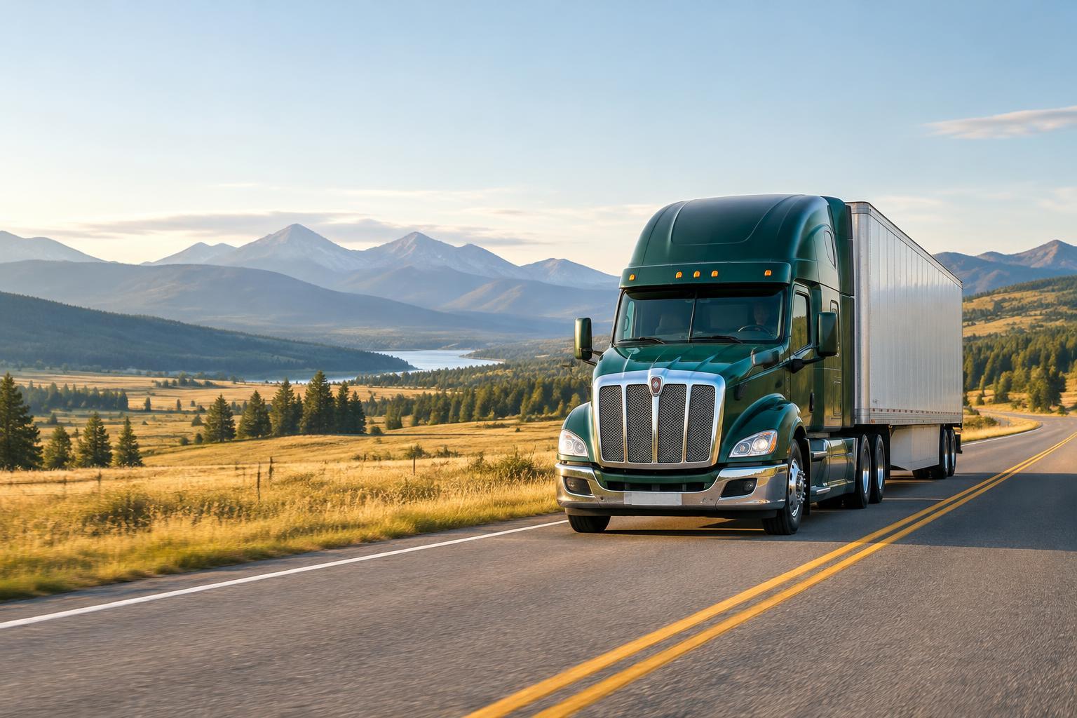 A green semi truck on an open highway through mountain country